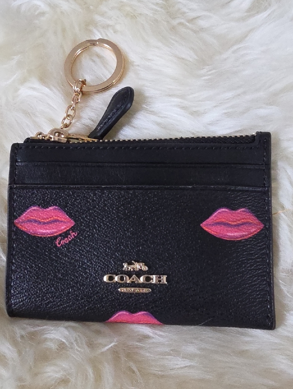 Coach Black Leather Pink Lips Mini Skinny ID Wallet & Key Ring 🖤💋🩷 - Picture 15 of 15